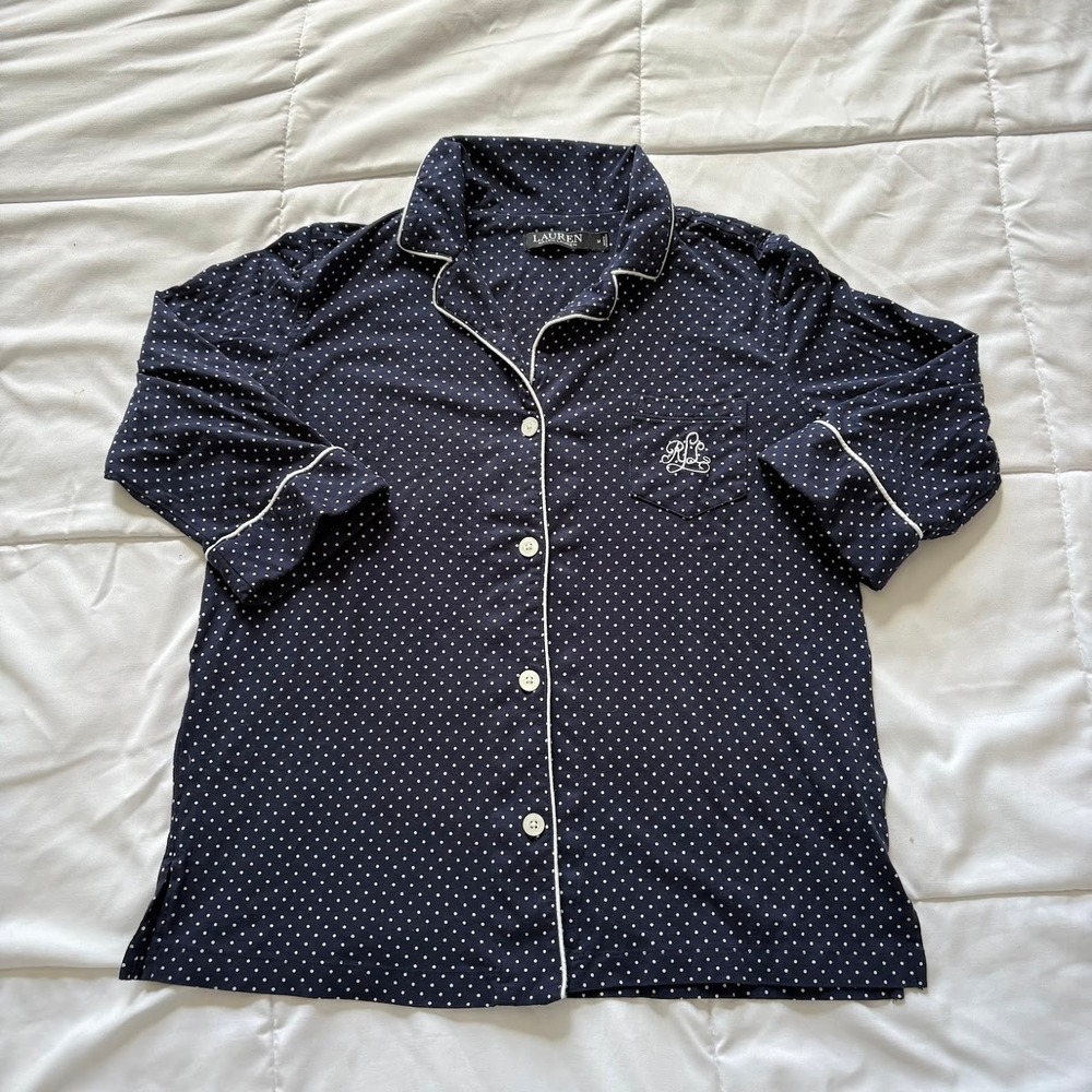 Lauren Ralph Lauren Navy Polka Dot 100% Cotton Pajama Top Sleep Shirt Medium